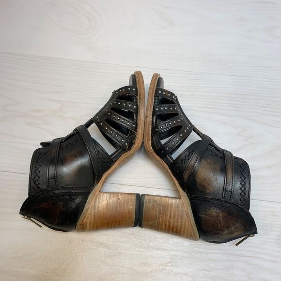 Freebird Womens Sz 8 Leather Boho Strappy Sandals Distressed Black Connor Heels - Picture 3 of 11